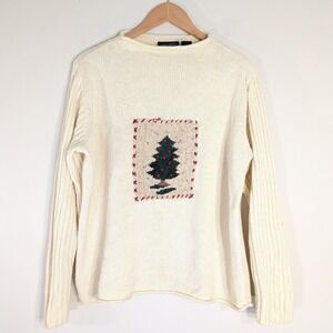 Vintage Christmas Tree Sweater; Petite XL Ramie Blend Knit
